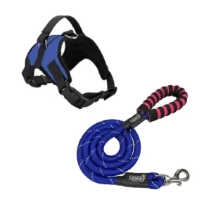 Saway Pet Store Premium Blue Dog Harness with Matching Padded Handle Rope Leash – Features Reflective Safety Strips and Durable Nylon PP Material