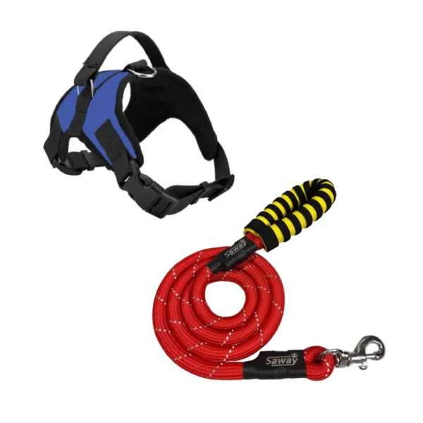 Saway Pet Store Premium Blue Dog Harness with Matching Padded Handle Rope Leash – Features Reflective Safety Strips and Durable Nylon PP Material