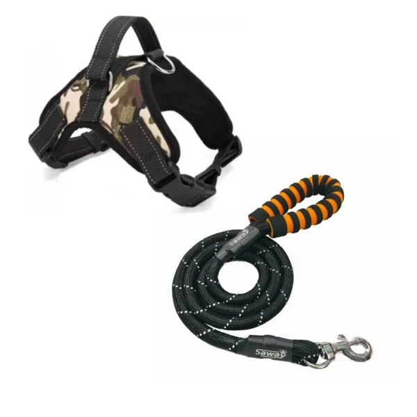 Saway Pet Store Army Dog Harness and Black Padded Rope Leash Set with Reflective Stitching and Heavy Duty Buckles